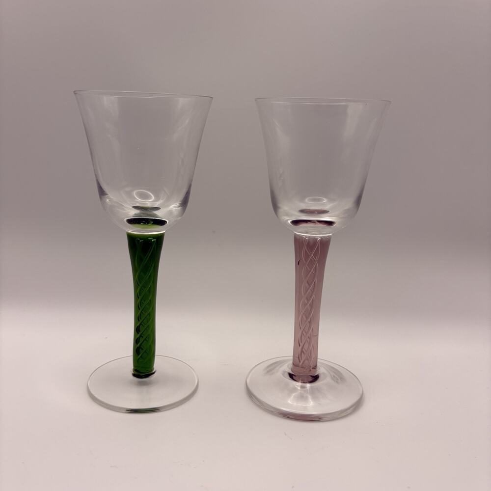 2 Liqueur Cordial Bar Barware Glasses Pink Green Tulip Bowl Swirl Twist Stem